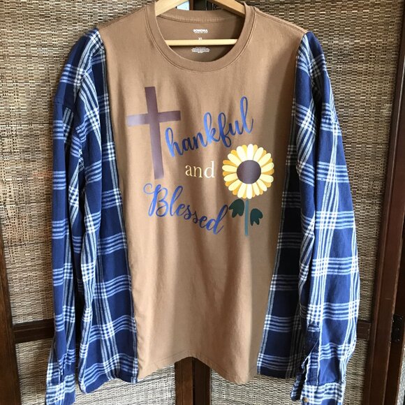 Reworked Flannel Shirt, Plus Size: Upcycled Oversized Thankful Blessed Graphic - Picture 8 of 10